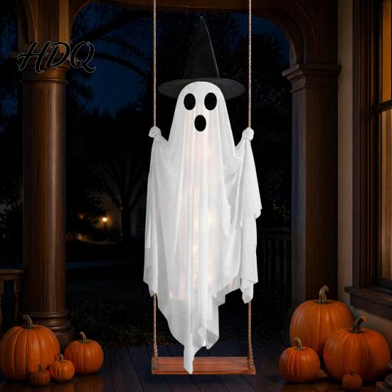 Gruseliger LED-Geist für den Garten Leuchtende Halloween-Hängeschaukel mit Hexenhut, Fernbedienung Einstellbar Langlebige Stoffdekoration Helligkeit, Fliegend