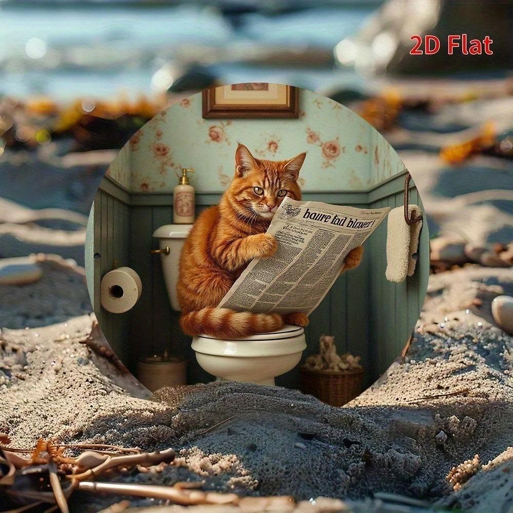 1pc 2D Round Aluminum Metal Sign Cat Reading Retro Wall Decor Humorous Bathroom Toilet Ornament Gift