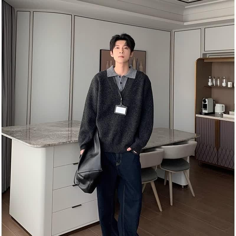 Korean Retro Old Money Style Knit Sweater: Autumn-Winter Two-Piece, Warm Versatile Casual Men's Fashion