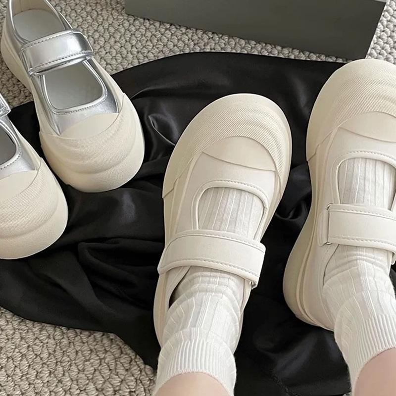 

Туфли Мэри Джейн на липучке Su Yinyin Женские 2025 Новые Белые туфли на платформе с большой головой Серебристые Повседневные Одинарные туфли Женские 34