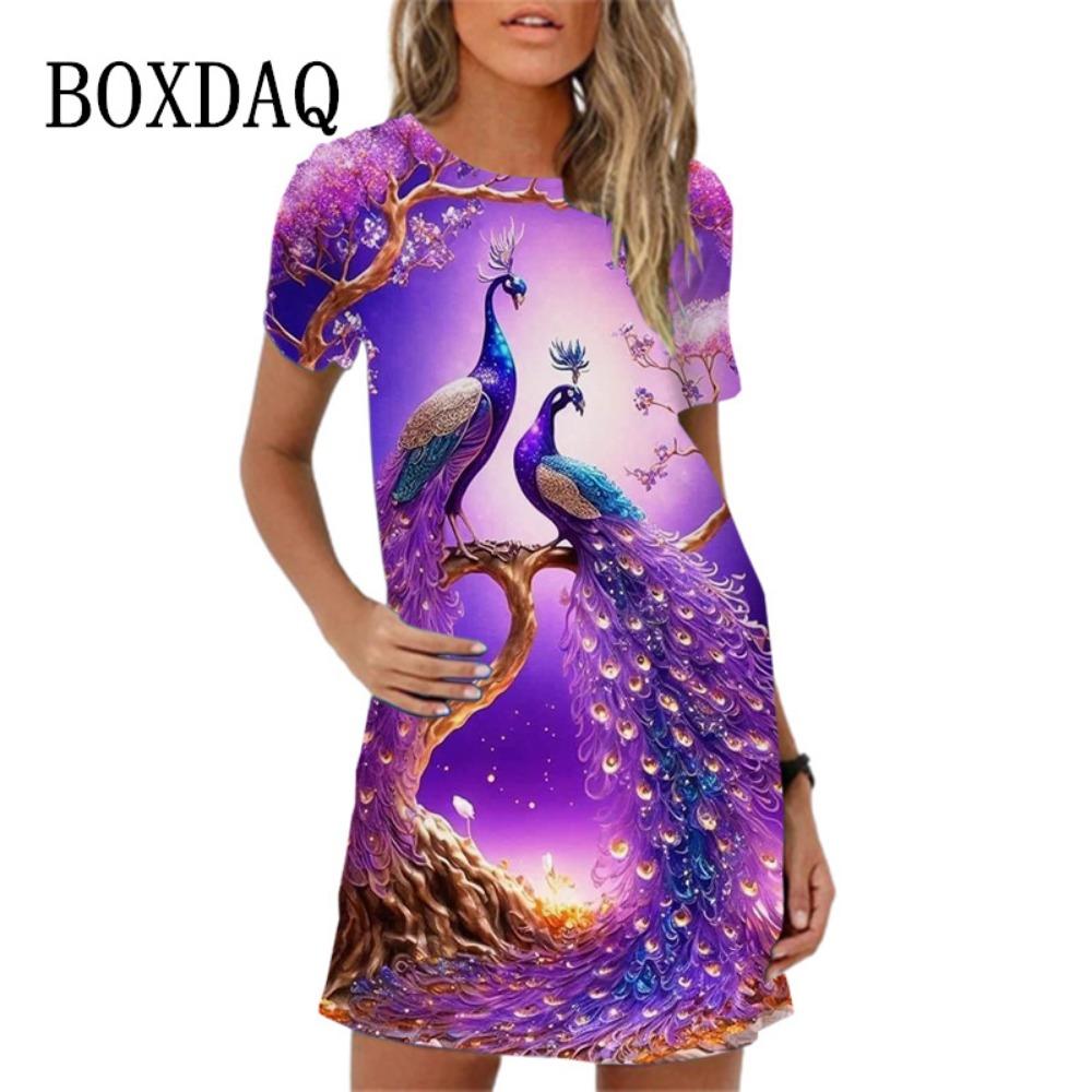 

Sweet and Cute 3d Printed Women s Dress 2026 New Summer Short-sleeved Peacock Pattern Loose A-line Loose Casual Dress S