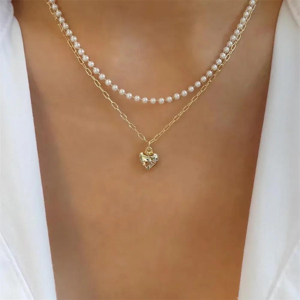 Vintage Mode Einfache Vergoldete Schlangenkette Imitation Perlen Anhänger Halskette Für Frauen Weiblich Boho Mehrstufiger Schmuck Geschenk
