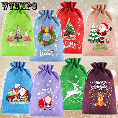 8 unidades Sacos de Linho com Cordão de Natal para Crianças Sacos de Maçã de Natal Sacos de Presente com Cordão para a Véspera de Natal