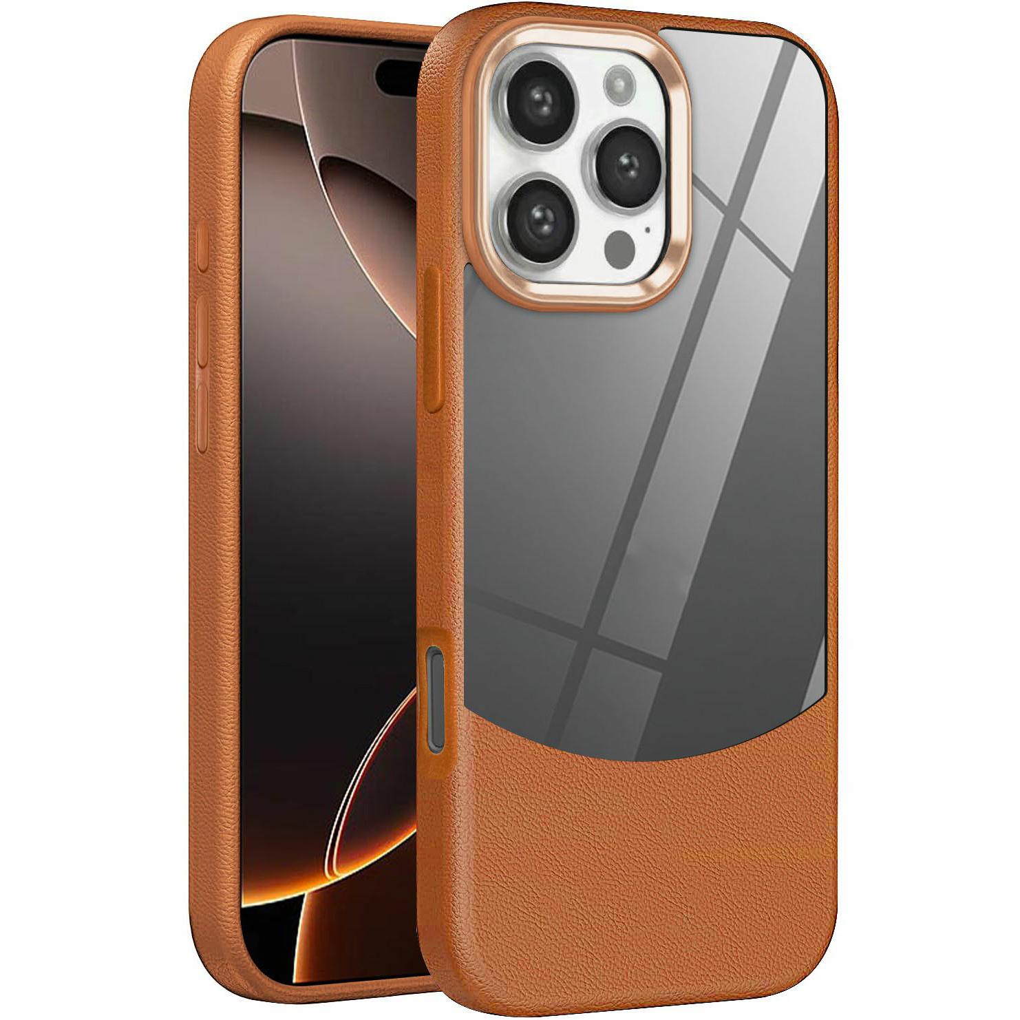 

For iPhone 16 Pro Max Case Litchi Texture TPU+Clear Acrylic Protective Phone Cover Brown