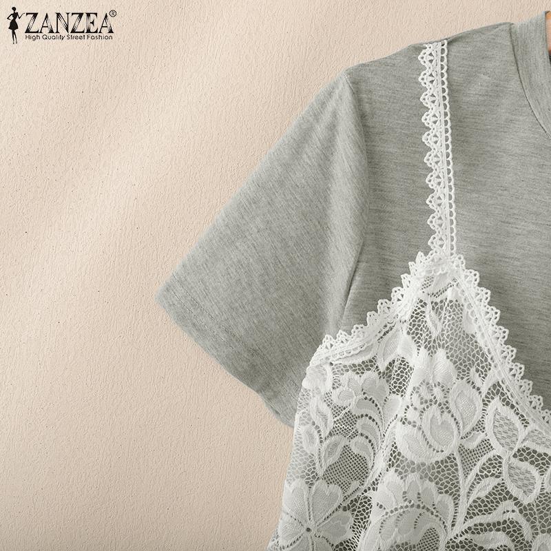 ZANZEA Women Lace Patchwork Casual Round Neck Short Sleeve T-Shirt