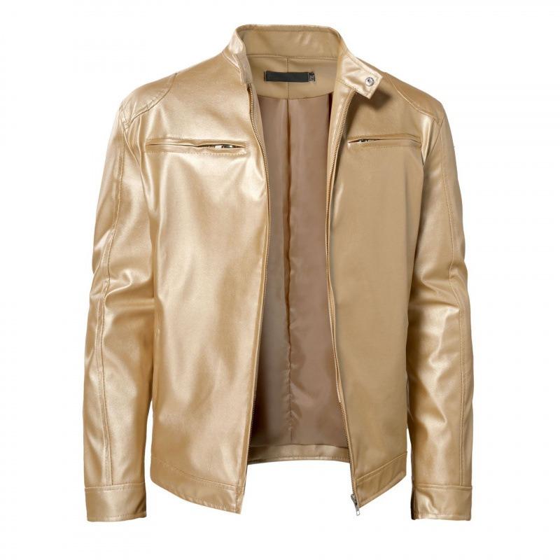 Men Stand Collar Long Sleeve Loose Fit Pu Leather Zipper Jacket