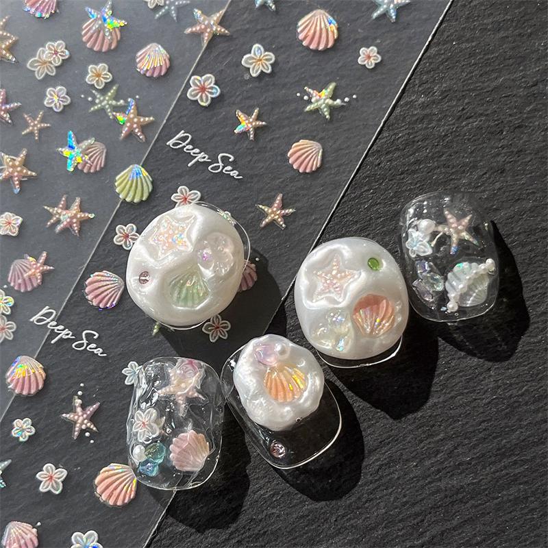 3D Colorful Shell Nail Sticker Starfish Ocean Elements Nail Decoration Summer Beach Ocean Nail Art Stickers Manicure Decals DIY