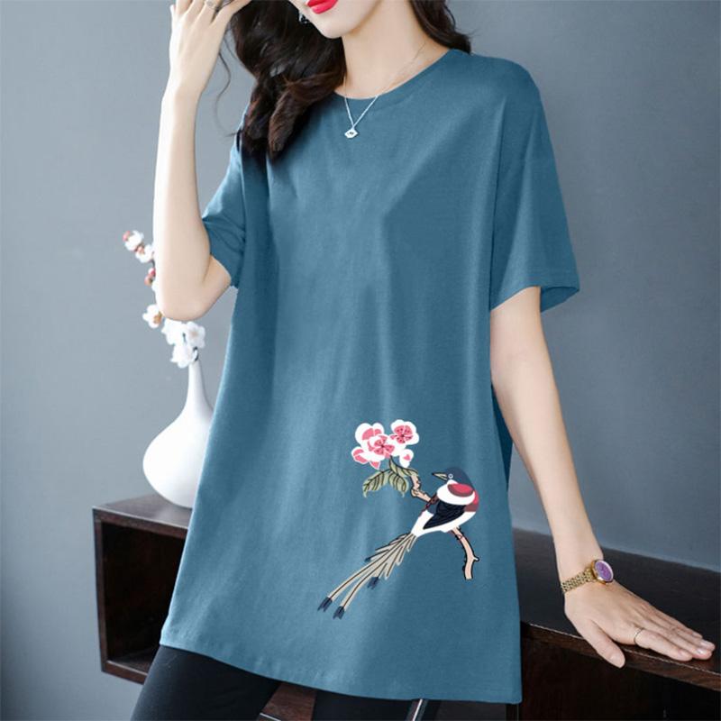 100% bumbac Tricou cu mânecă scurtă de lungime medie pentru femei Vară cu model de culoare uni Imprimare All-match Subțire de lungime medie Top Trendy