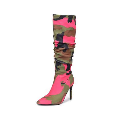 Fabric Camouflage Pattern Autumn Winter Shoes Super Thin High Heels Pleated Boots European Keep Warm Thigh High Boots