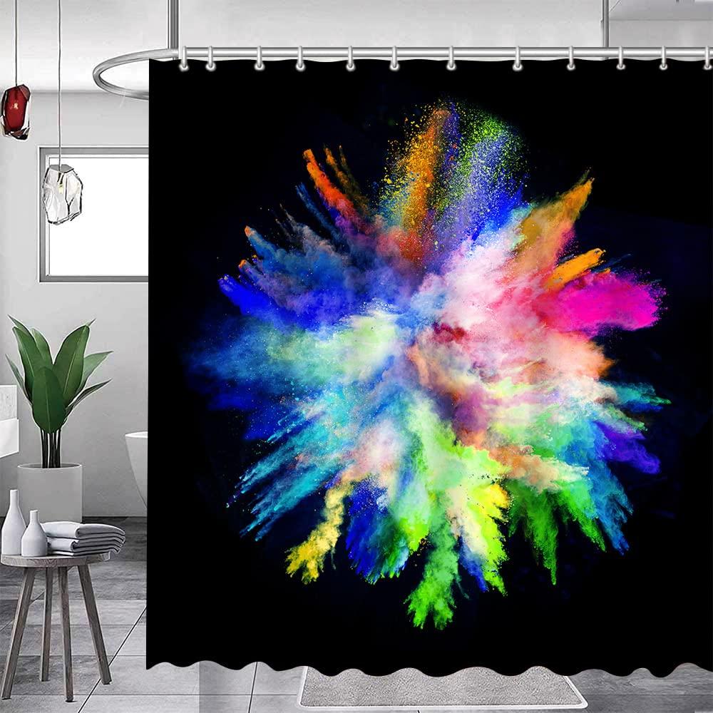 Bunter Duschvorhang Kunst Abstrakt Aquarell Mehrfarbig Regenbogen Atomare Sternenexplosion Mid Century Schwarzer Stoff Badezimmer Dekoration