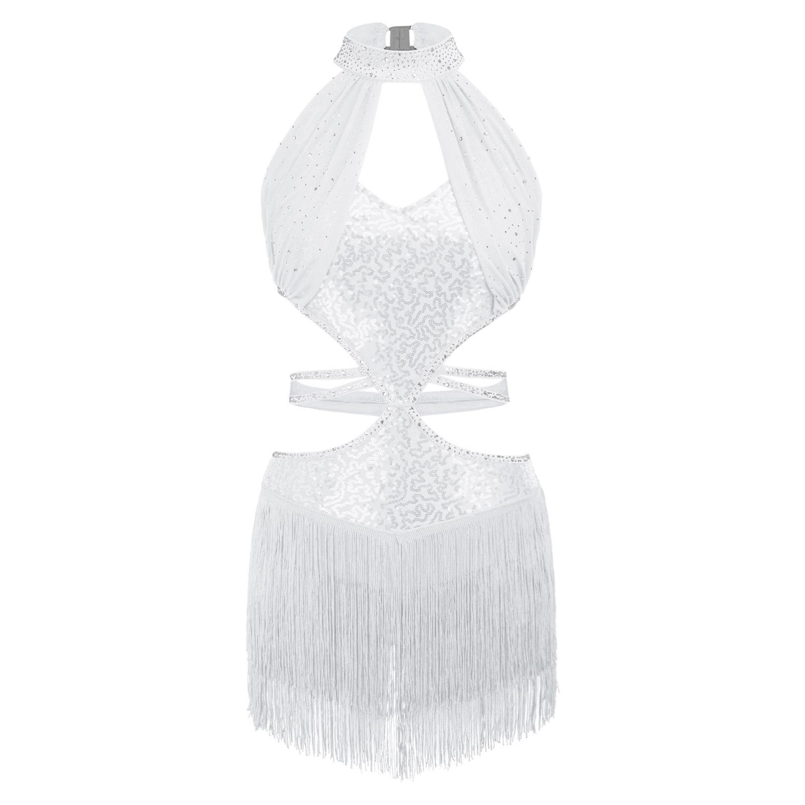 Damen Latin Tanz Fransenkleid Glänzend Schlüsselloch Aussparung Vorne Hinten Ärmellos Fransenkleid Bühnenauftritt XXL weiß