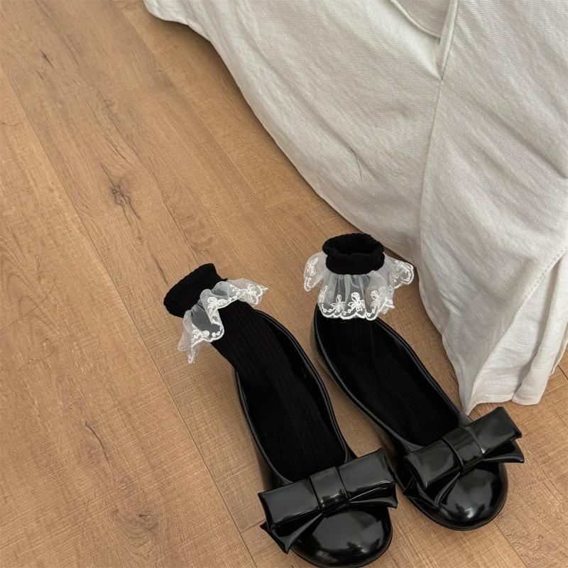 

Носки до середины икры с кружевом-бантом, носки двойной вязки из аэробного хлопка, женские носки с махрой 1 pair чёрный