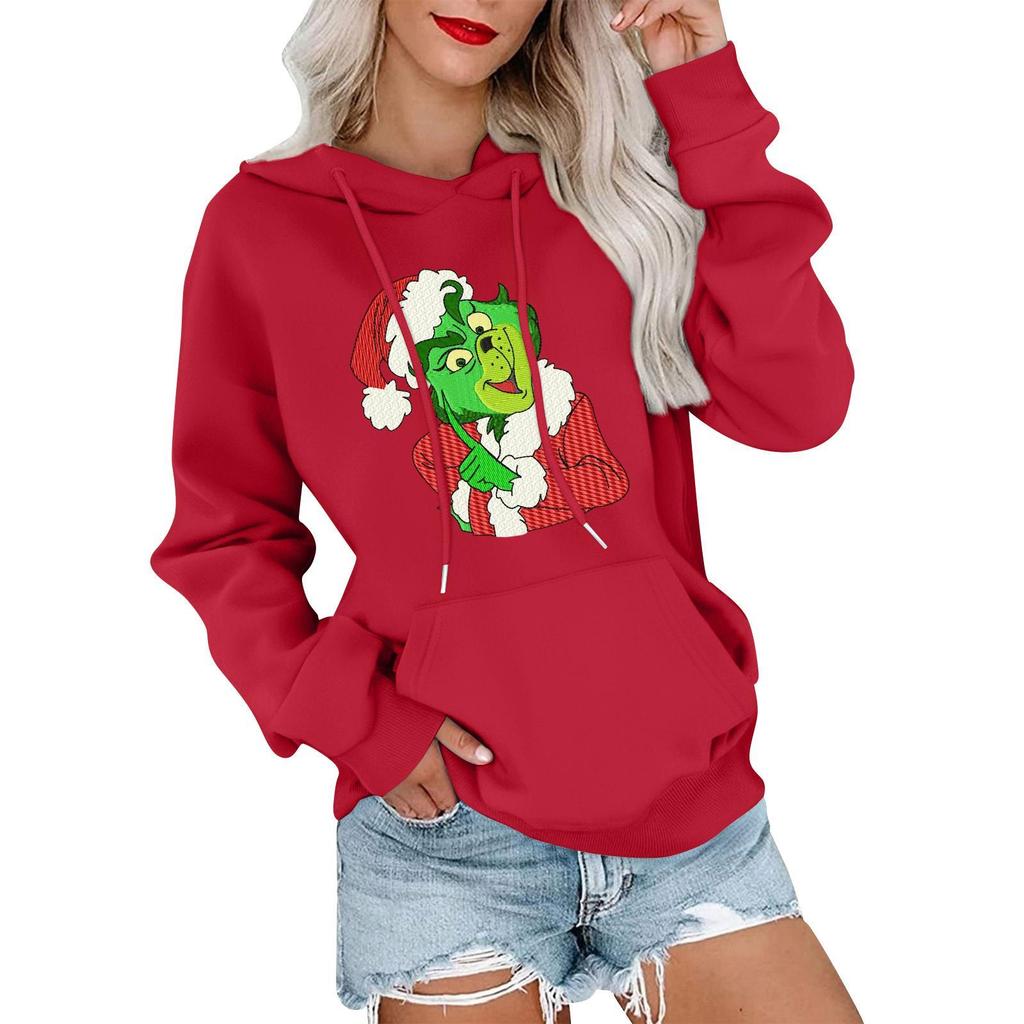 Women's Casual Comfortable Neck Hooded Long Sleeve Christmas Print Warm Sweatshirt