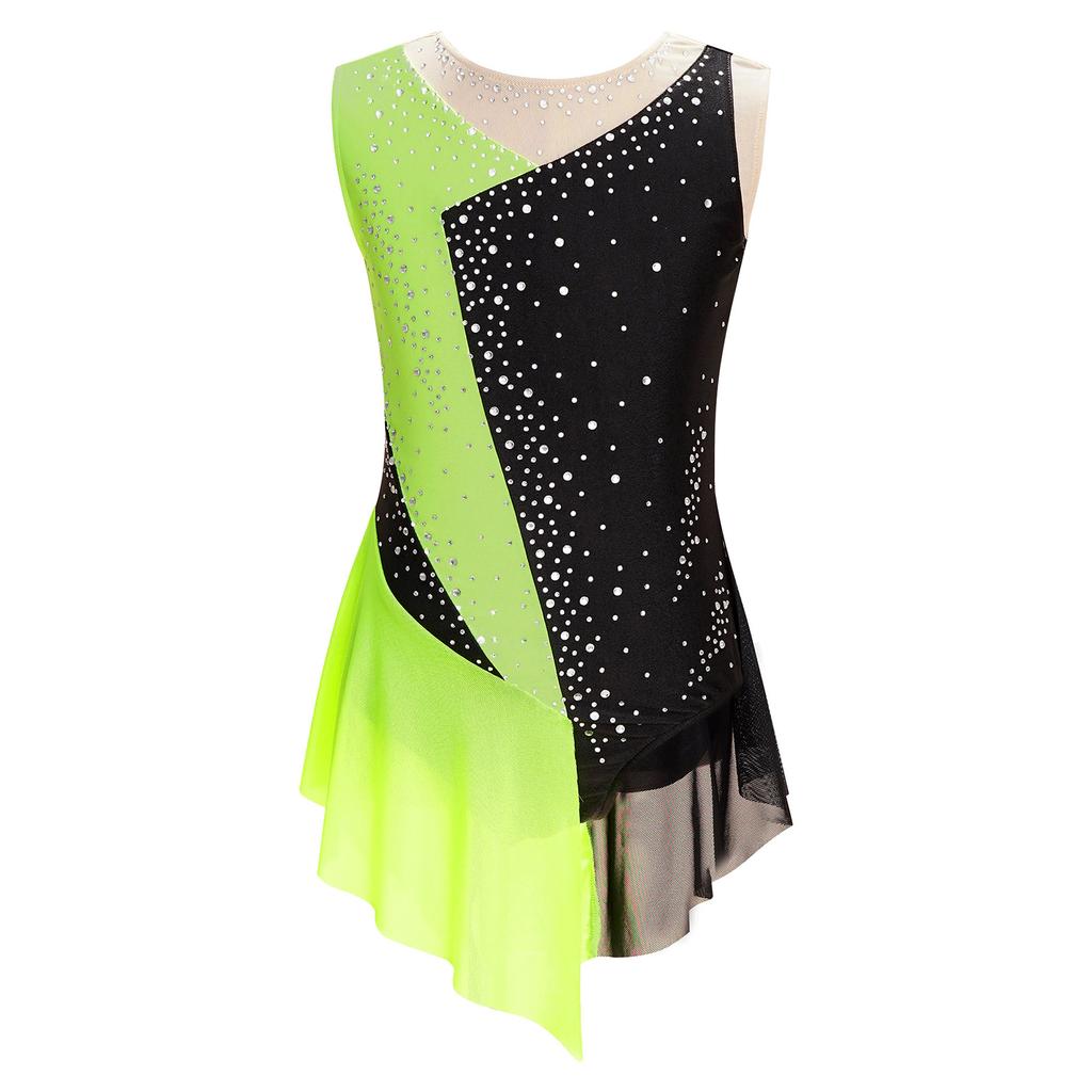 Girls Modern Lyrical Dance Dress High-Low Tulle Split Rhinestone Ballet Gymnastics Leotards Figure Skating Performance Costume