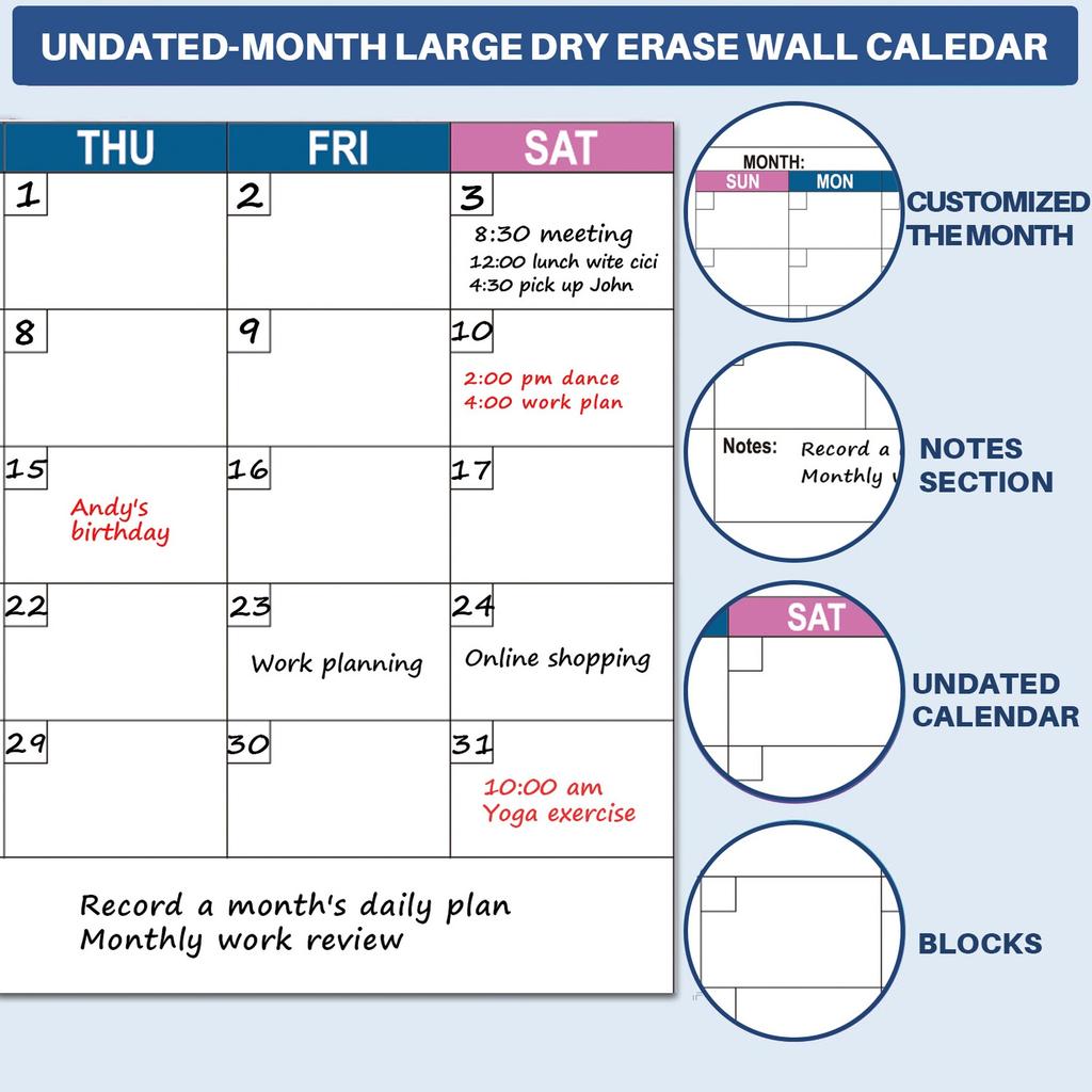Extra Thick Laminated Wall Calendar Planner - 12-Month Jan-Dec Large Wall Calendar with Weekly & Monthly View