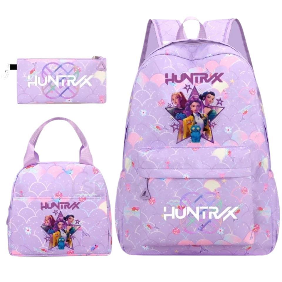 KPOP Nylon 3 Piece Set School Backpack for Students with Cartoon Print Air Cushion Design