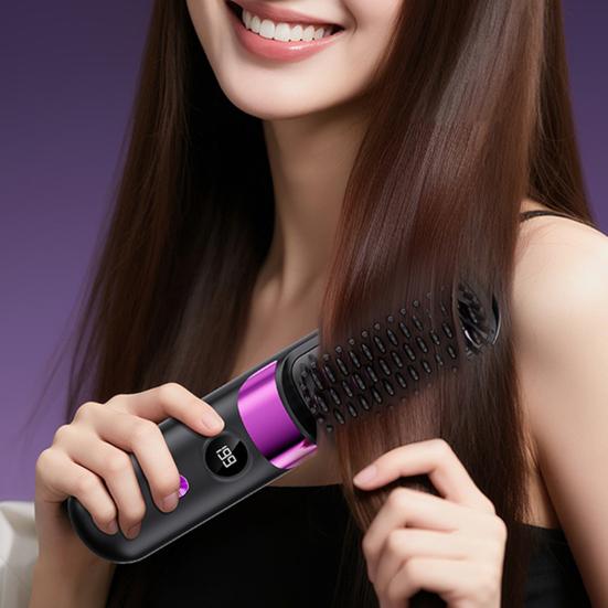 Portable Hair Straightener Brush 4 Temperature Adjustable LED Display Fast Heating Cordless Electric Hot Brush Curly Hair Styling Detangling Comb