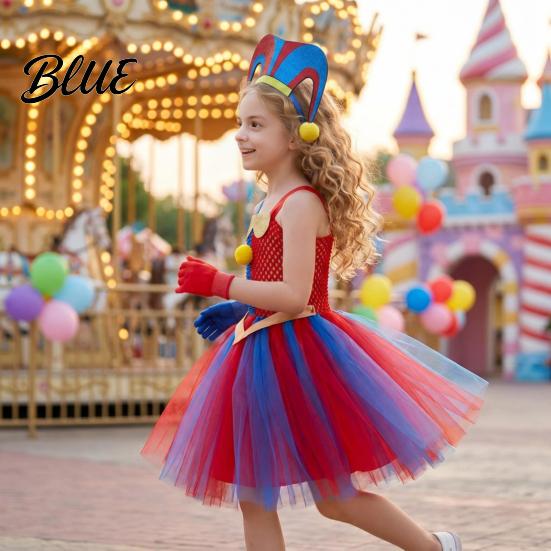 Childrens Pointed Hat Kids Clown Costume Dress Set with Headband & Gloves Girls Circus Soft Mesh Tutu Princess Dress Halloween Stage Performance