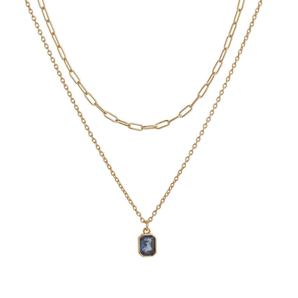 December Birthstone Double Layer Necklace: 18K Gold-Plated Rectangle Pendant