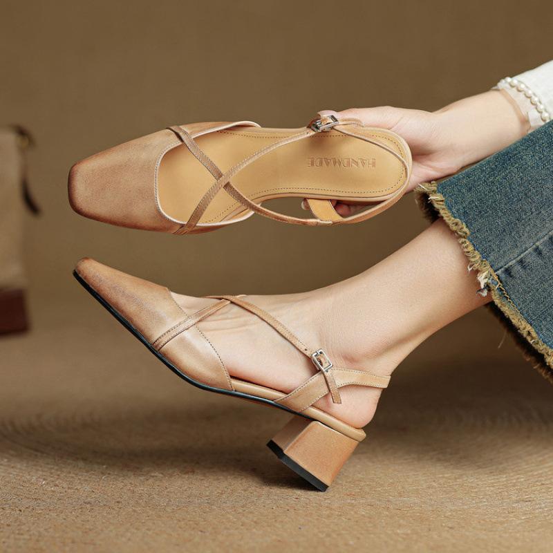 New beef tendon soft sole middle heel sandals summer women's bag head sandals leather casual size rear empty sandals women