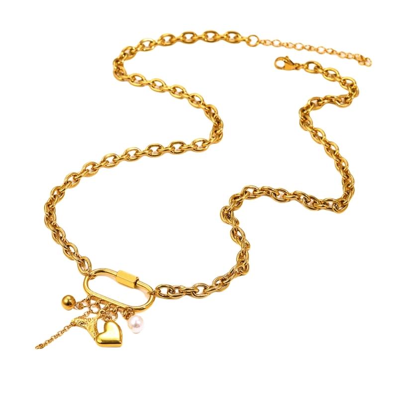 Vintage Multi Accent Pendant Necklace Adjustable Stainless Steel Chain Lightweight Versatile Jewelry For Women