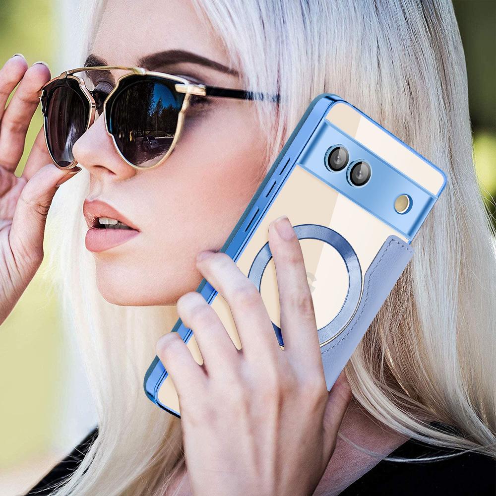 For Google Pixel 7a Magnetic Case Compatible with MagSafe Card Holder Leather Phone Cover