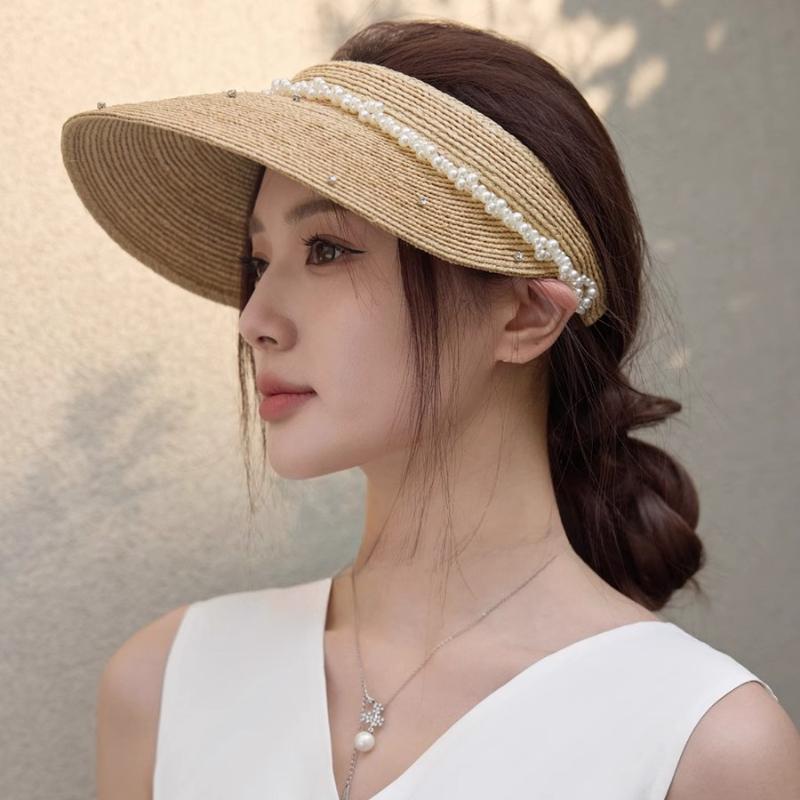 100% Natural Straw Hat Luxury Pearls Summer Sun Hat Beach Hats Woman Open Top  UV Protection Sunscreen Panama Sunshade Cap