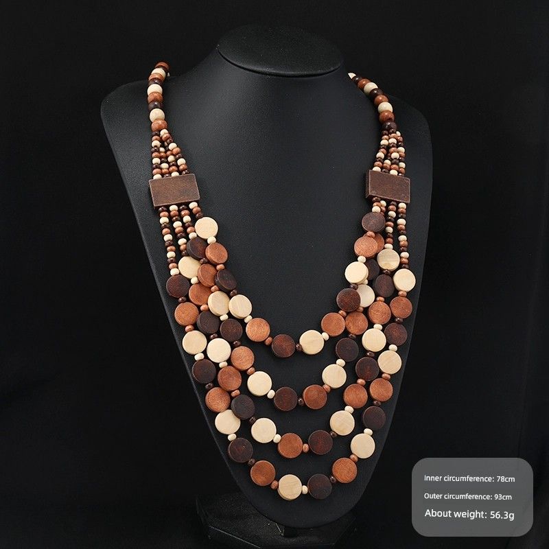Retro Ethnic Style Wooden Necklace Fashion Style Bohemia Long Stylish Multi-Layer Sweater Chain Performance Accessories Women