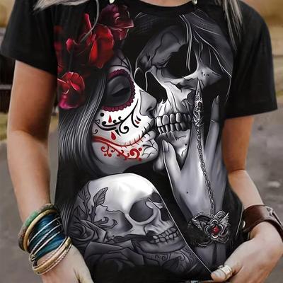 Summer Women's T-shirt Round Neck Fashionable Casual Top Black 3D Rose Skull Print Creative Short Sleeved Women's Clothing