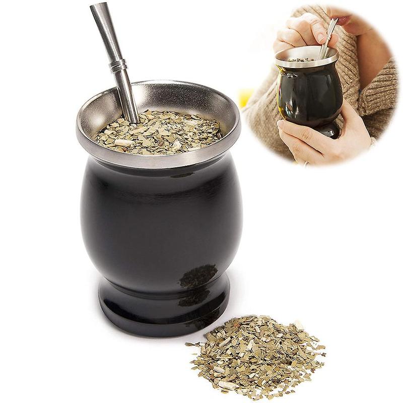 8 oz Natural Pumpkin Yerba Mate Tea Cup with 1 Bombilla (Black)