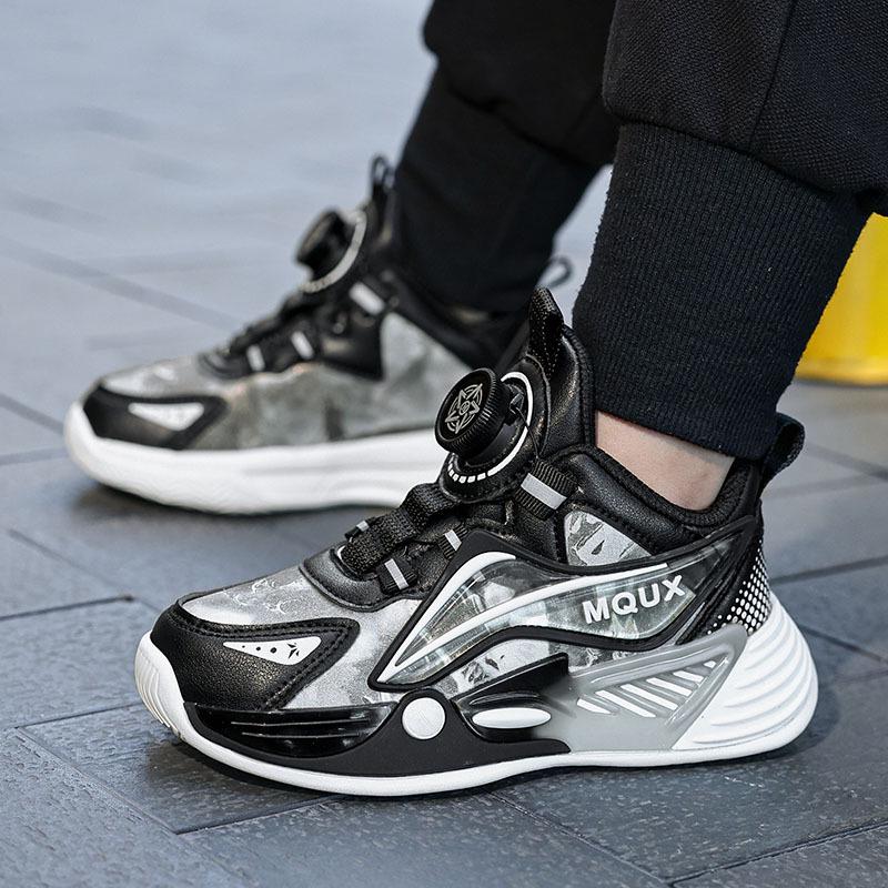 Black Monkey King Kids' Shoes: Warm Cotton-Padded Sneakers, New Style with Rotating Button, Leather Waterproof, Trendy for Boys & Girls.