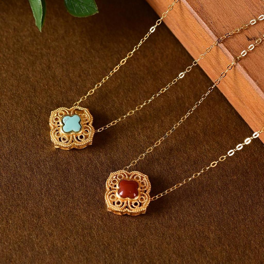 S925 Sterling Silver Turquoise Four-Leaf Clover Necklace with Chinese Window Lattice Clavicle Chain - Fashionable and Versatile X142