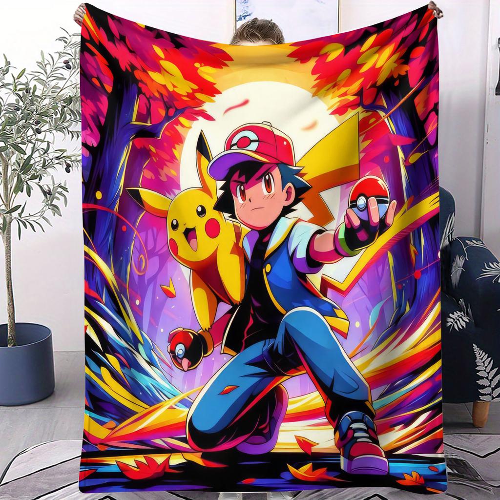 Pokémon Anime Flannel Blanket Vibrant Pikachu Ash Print Soft Warm Throw Sofa Bed Cover Camping Nap Cape Kids Adults Fans Gift