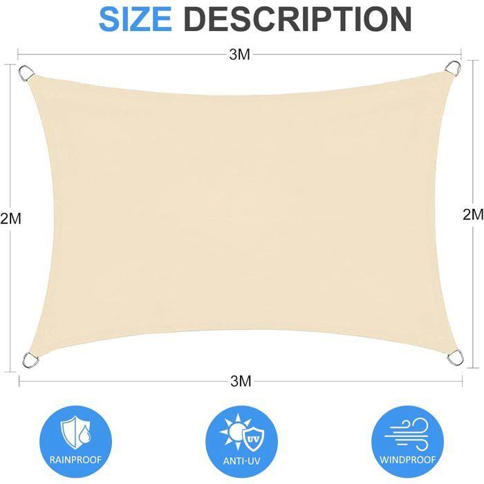 Voile d'ombrage rectangulaire 2x3 m beige - tissu Oxford imperméable, anti-UV 95%