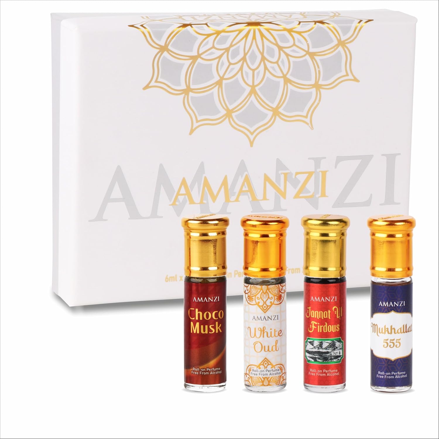 

Non-Alcoholic Roll-On Attar Perfume Collection for Men & Women, Special Occasions - Choco Musk, White Oud, Jannat Ul Firdaus, Mukhallat 24 ml