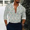 Camisa de Hombre con Cuello Base Blanca Estampado Floral Pequeño Naranja Verde Manga Larga Botones Arriba