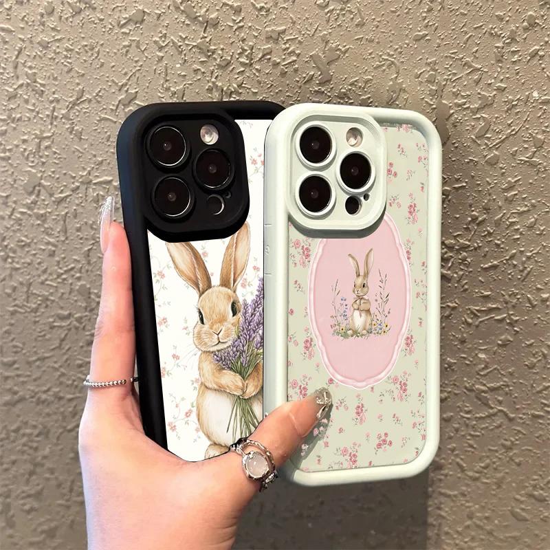 Cute Flower Rabbit Silicone Phone Case For iPhone 17 Pro Max 16 15 14 13 12 11 Pro 17 Air 16E XS X XR 7 8 Plus Soft Cover