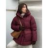 Geacă de iarnă pentru femei, roșu vin, cu glugă, matlasată, talie cu șnur, fermoar, jacket cald tip pâine, îmbrăcăminte exterioară