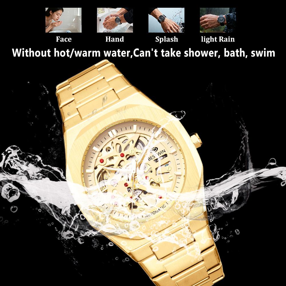 Automatic Mechanical Watches for Men Skeleton Hollow Dial Luminous Wrist Watch Steel Strap Square Case Watch Waterproof