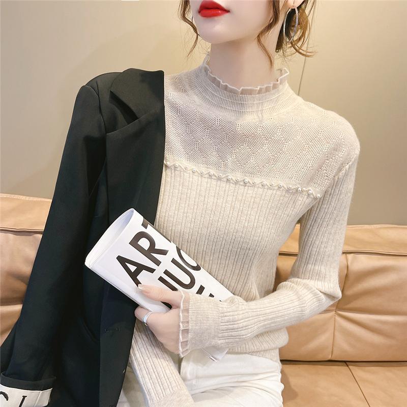 Autumn and Winter New Lace Inner Semi-turtleneck Sweater Women's Clothing Slim-fitting and Thin Versatile Warm Knitted Bottoming Shirt