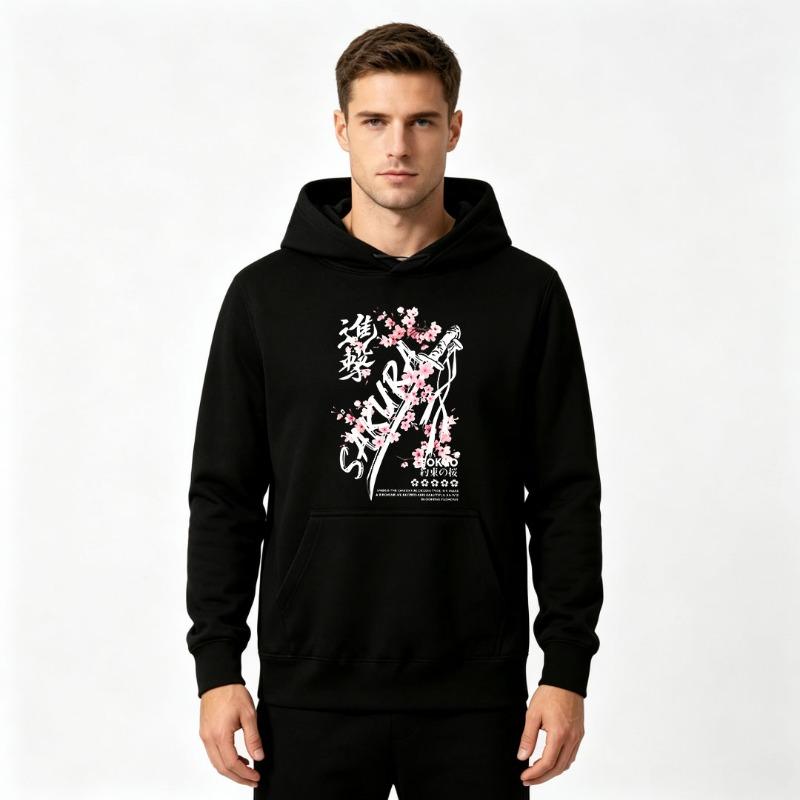 Men's Tokyo Sakura Cherry Blossom Samurai Katana Japanese Kanji Print Hoodie Casual Streetwear Long Sleeve Pullover Hooded Sweatshirt For Adult Male