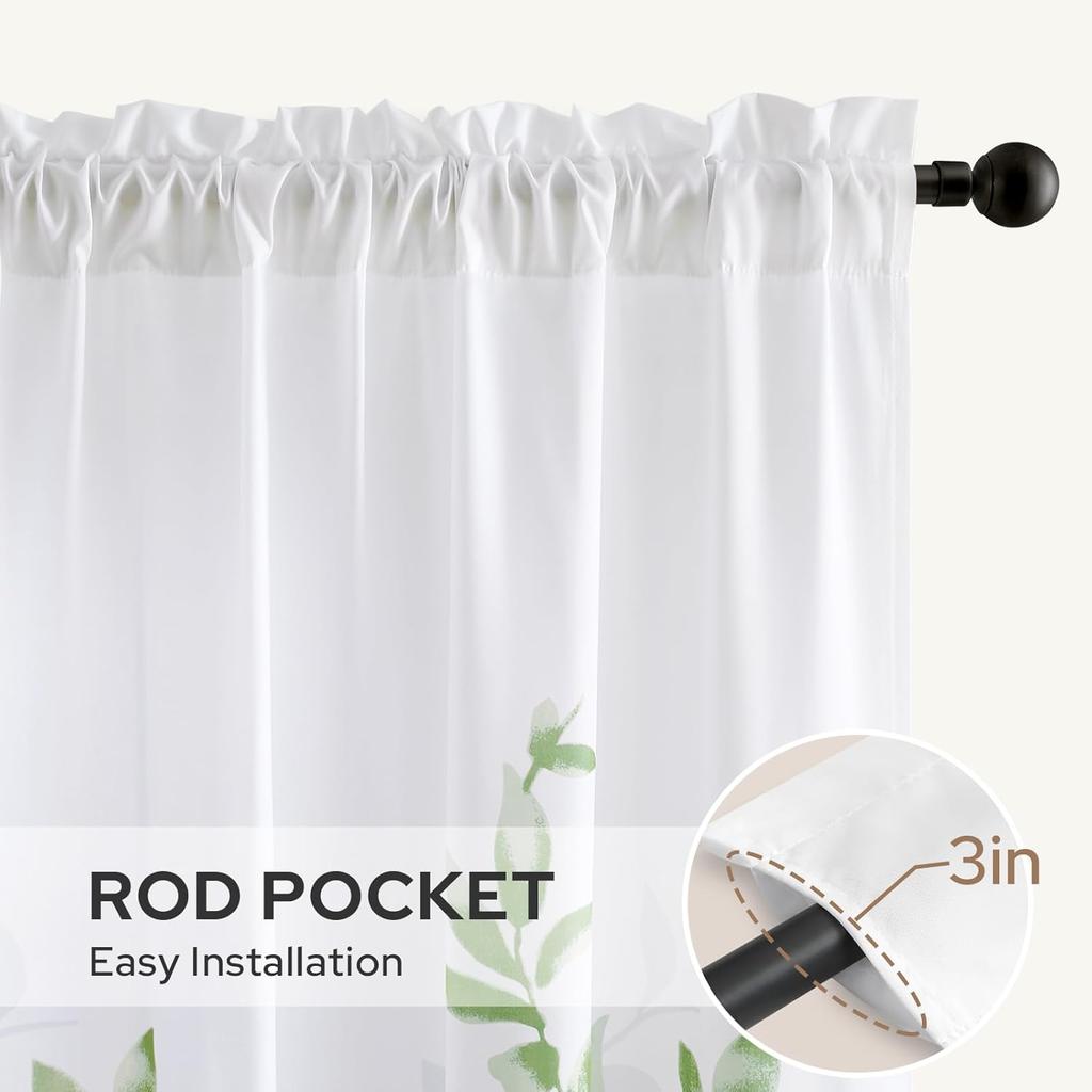 Green and White Privacy Sheer Curtains Length 2 Panels,Leaf Floral Printed Light Filtering Semi Sheer Window Curtains Drapes for