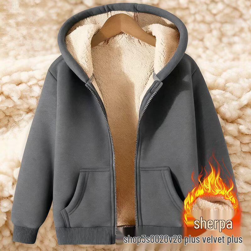 Men's Trendy Thickened Lambswool Hoodie Jacket - Solid Color, Zippered, Casual Winter Style