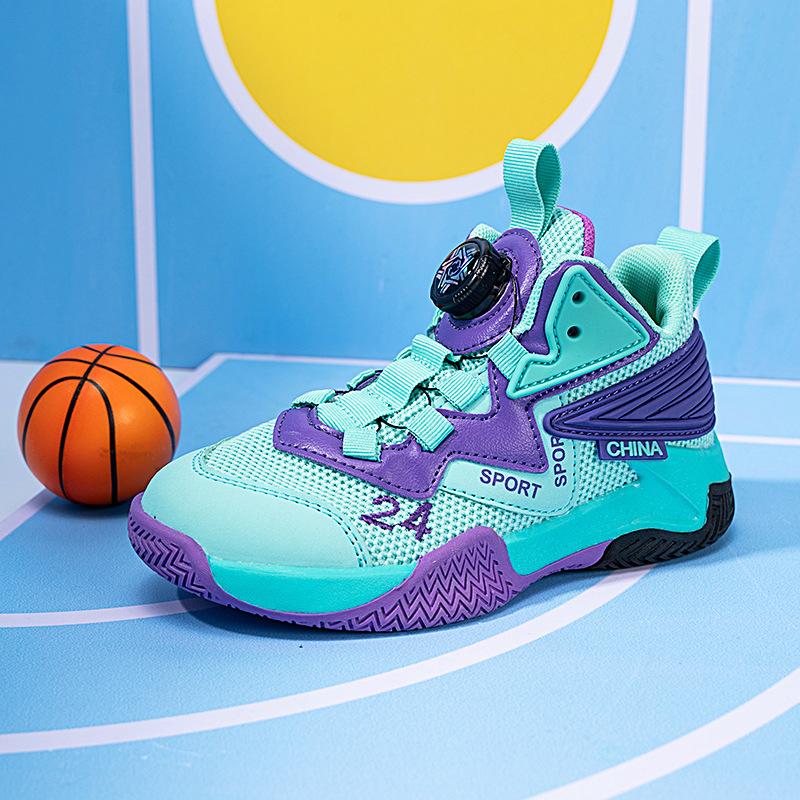 Boys Basketball Shoes Rotary Buckle Mesh Teen Children's Sneakers Boys' Shoes Breathable Boys Outdoor Training Shoes