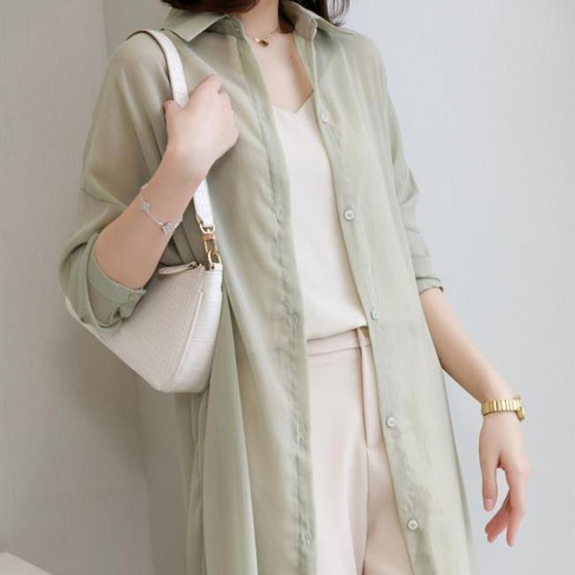 Sunscreen Clothing for Women Summer Thin Chiffon Cardigan with Long Sleeves Draped Over A Shawl Medium Length Shirt Collar Jacket