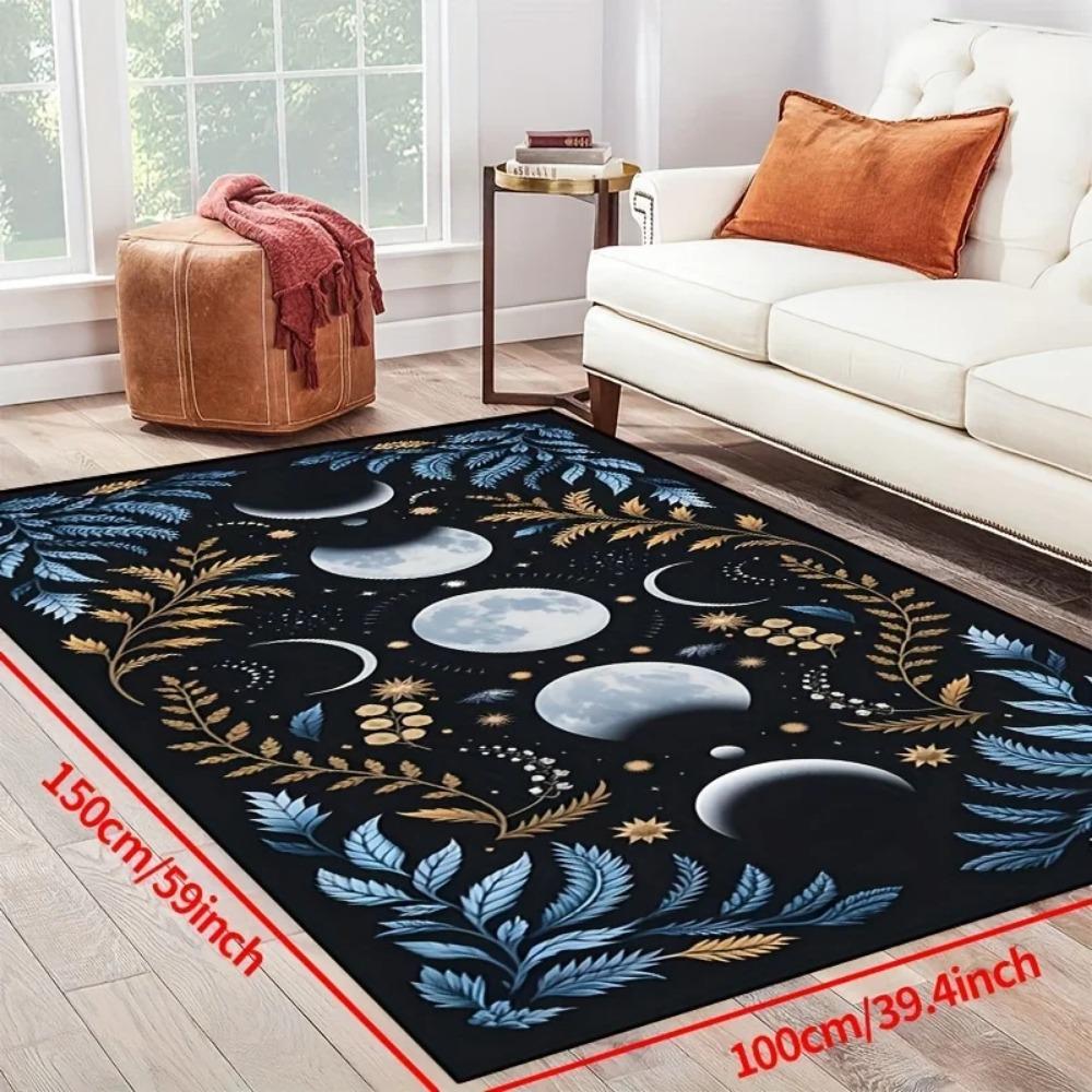 Celestial Moon Phase Mat - Mystic Floral Rug for Living Room, Bedroom & Entryway, Machine Washable Boho Decor Floor Carpet