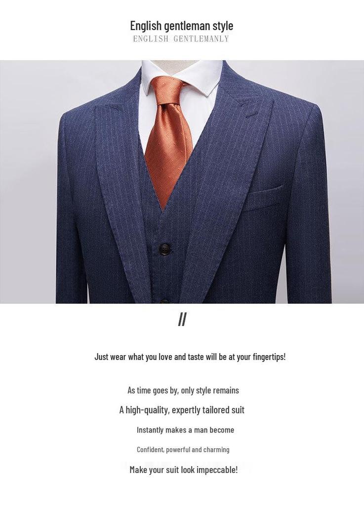 Korean Style Men's Slim Fit Blue Striped Three-Piece Suit