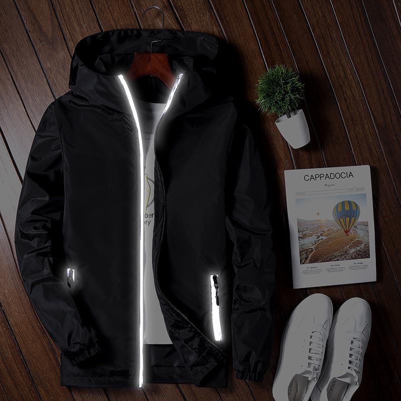Men's Spring Summer Hooded Jackets Windbreaker Reflective Coat Waterproof Casual Bomber Outwear