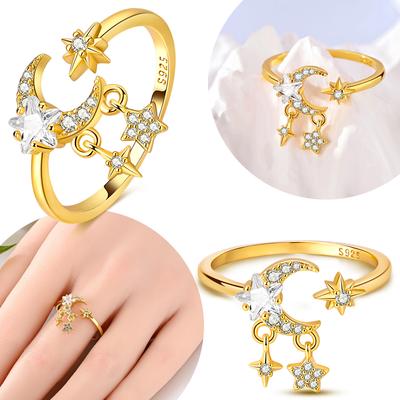 Original Copper Gold Open-Ring Star Moon Pendant Ring For Women Accessory Fine Valentine Gift Anniversary Jewelry Set