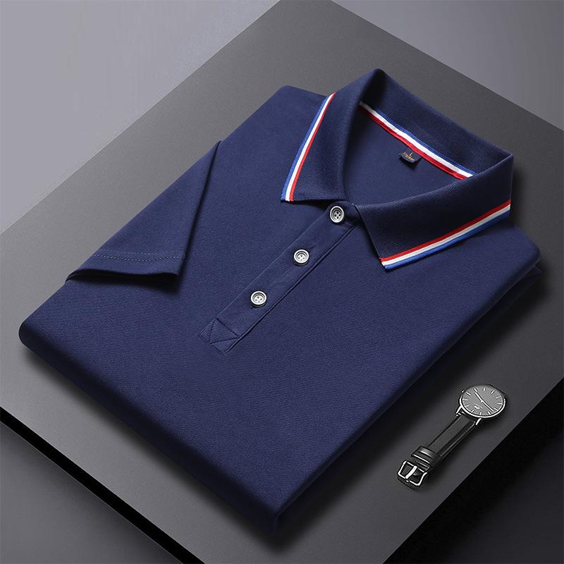 Men's Summer Black Polo Shirt Short Sleeve Collared Top with Red White Blue Striped Trim